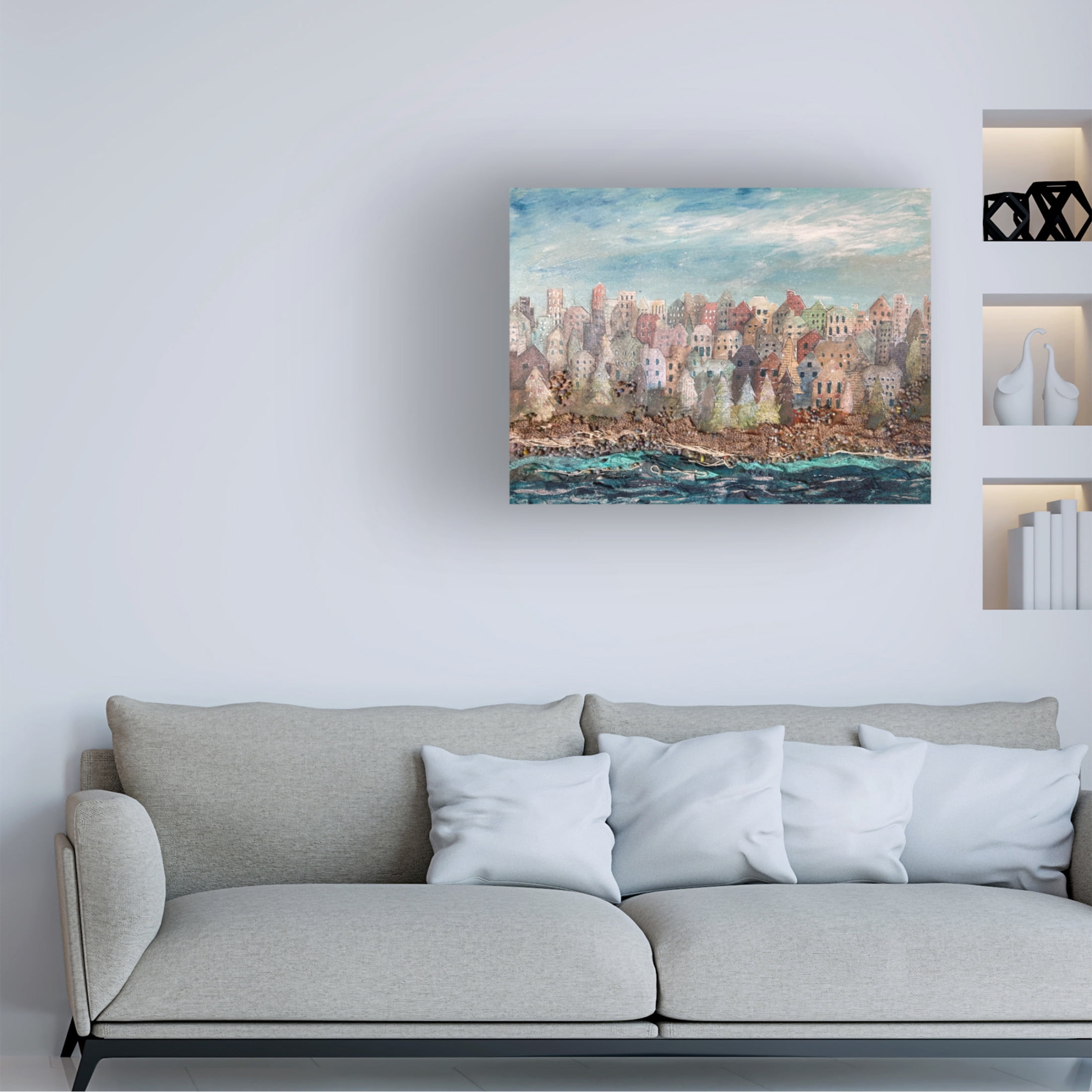 Canvas Wall Art - Christine Rotolo 'Mixed Media Village and the Sea' Wall Art for Living Room, Bedroom, or Office Décor by Trademark Fine Art - 47 x 35 Inches