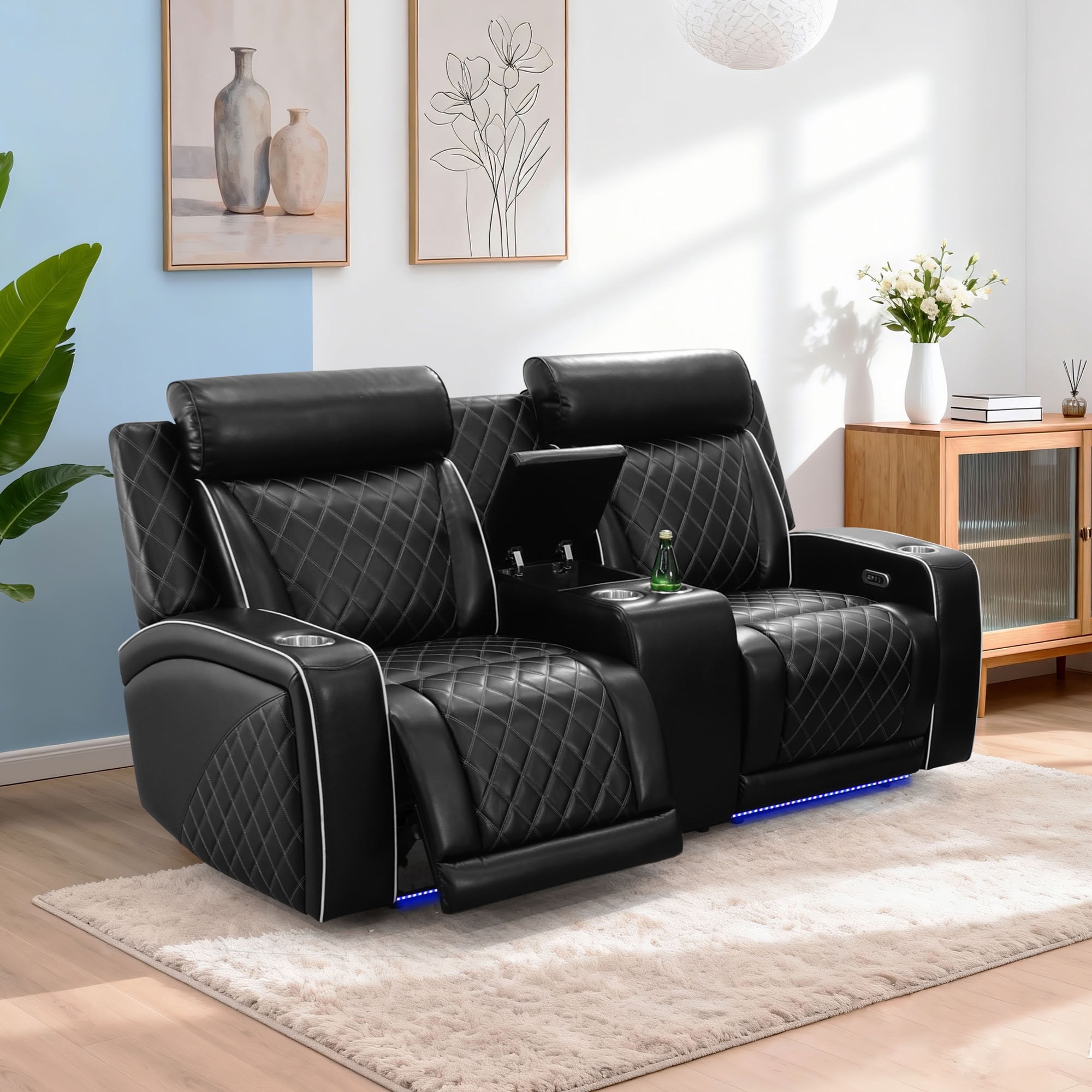MAYEERTY Recliner Loveseat, 2-Seater Leather Recliner with LED Lights, USB Charger, Cup Holders & Storage, for Living Room, Family Use