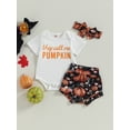 thumbnail image 2 of Wassery Baby Girls Halloween Shorts Sets Short Sleeve Letter Print Romper Tops and Pumpkin Print Shorts Headband 3 6 12 18 Months Infant Summer Casual Clothes, 2 of 8