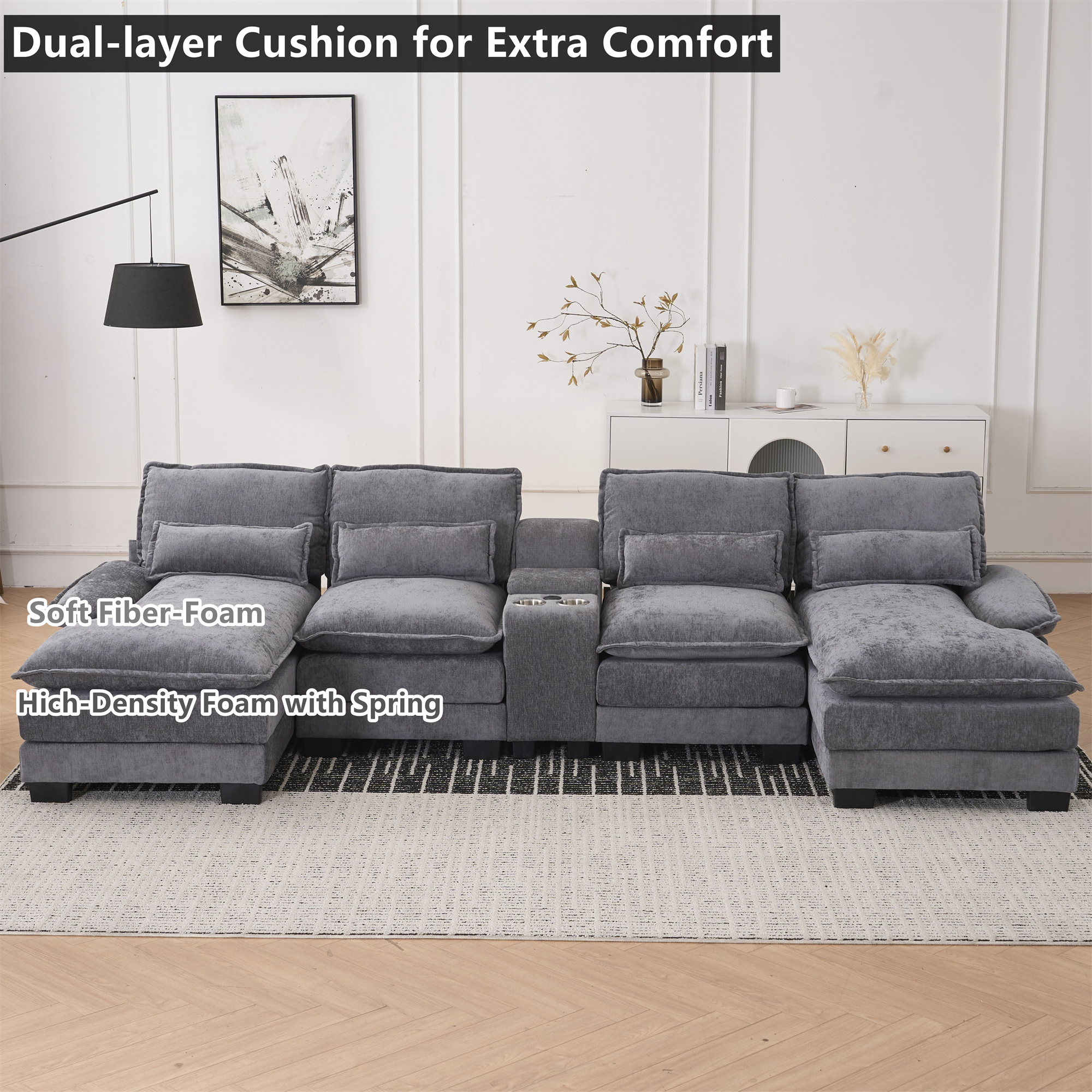 Aukfa 126" Oversized Sectional Sofa U-shaped Couch w/ Cupholder Console & USB Port for Living Room, Chenille, Gray