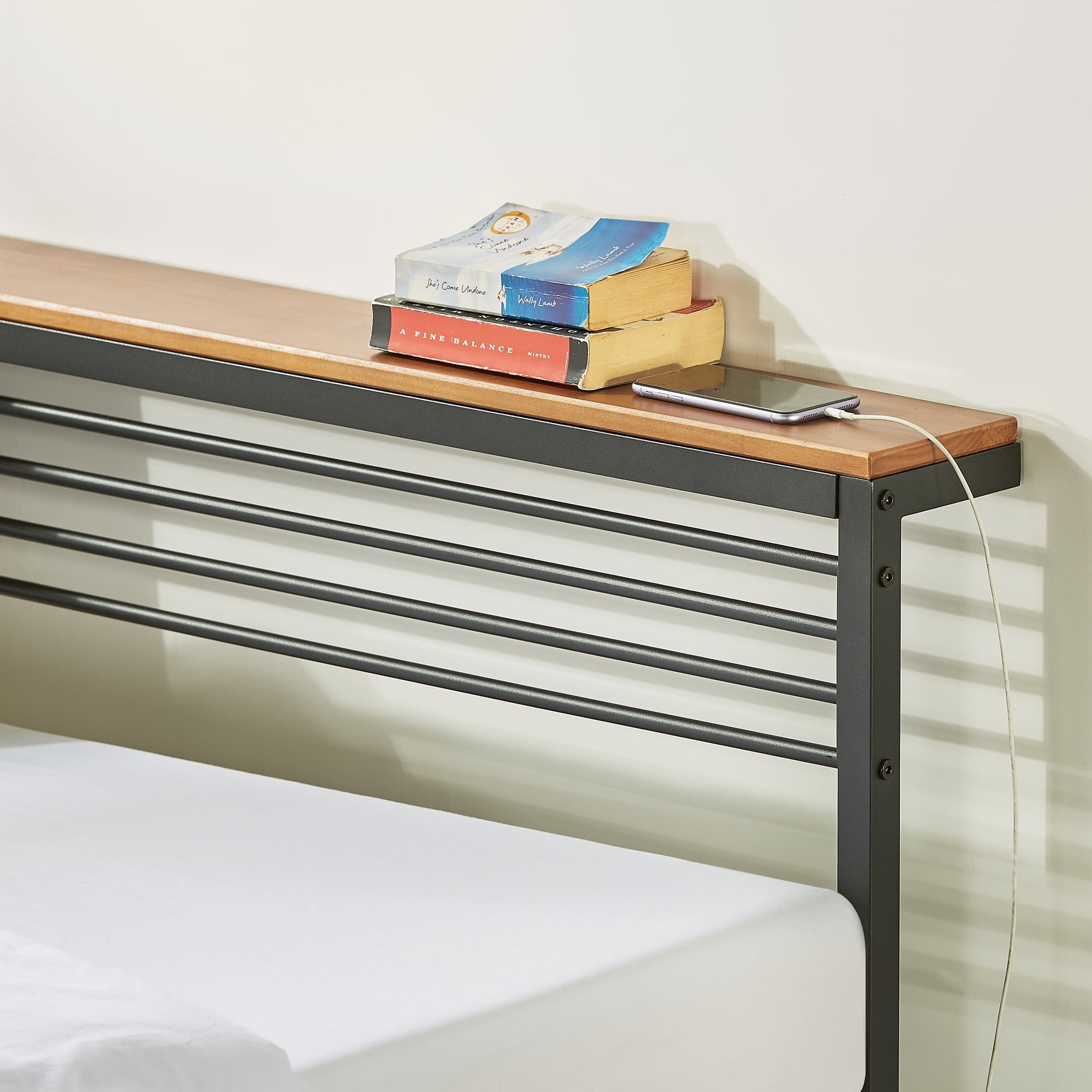 Mellow Hylle Metal Platform Bed with Headboard Shelf, King