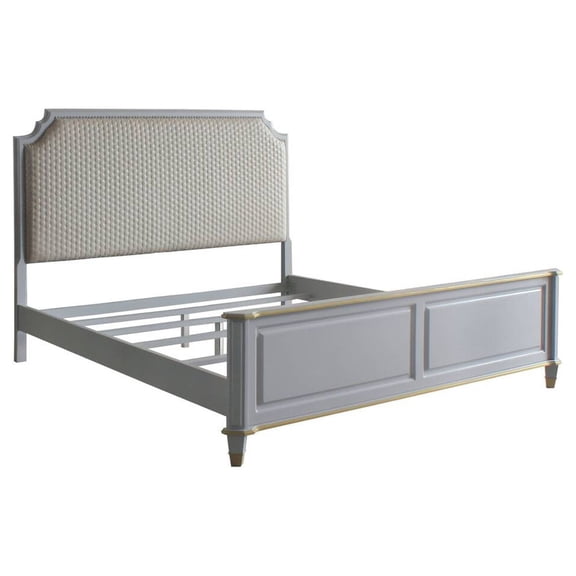 Acme Marchesa Cal King Bed in Beige Leather-Aire, Gold & Pearl White Finish