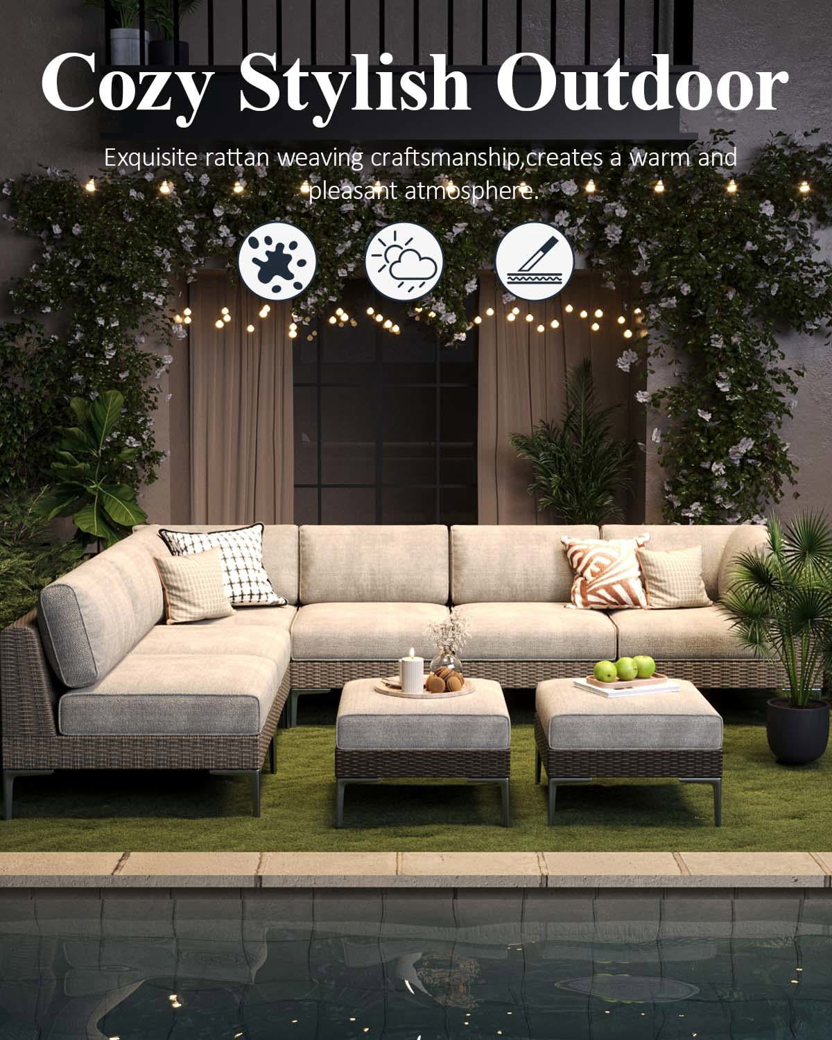 LayinSun 8-Piece Wicker Rattan Patio Furniture Set, Deep Seating Outdoor Modular Sectional Sofa Conversation Set with Thick Cushions for Lawn, Garden