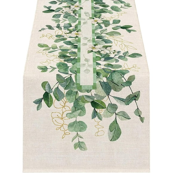 shiyou-Table Runner, Linen Table Runner, Green Leaves Spring Summer Table, Spring Table Decorations, Washable Dining Table, Long Table Runner for Dining Table Holiday Indoor Outdoor 40x140 CM