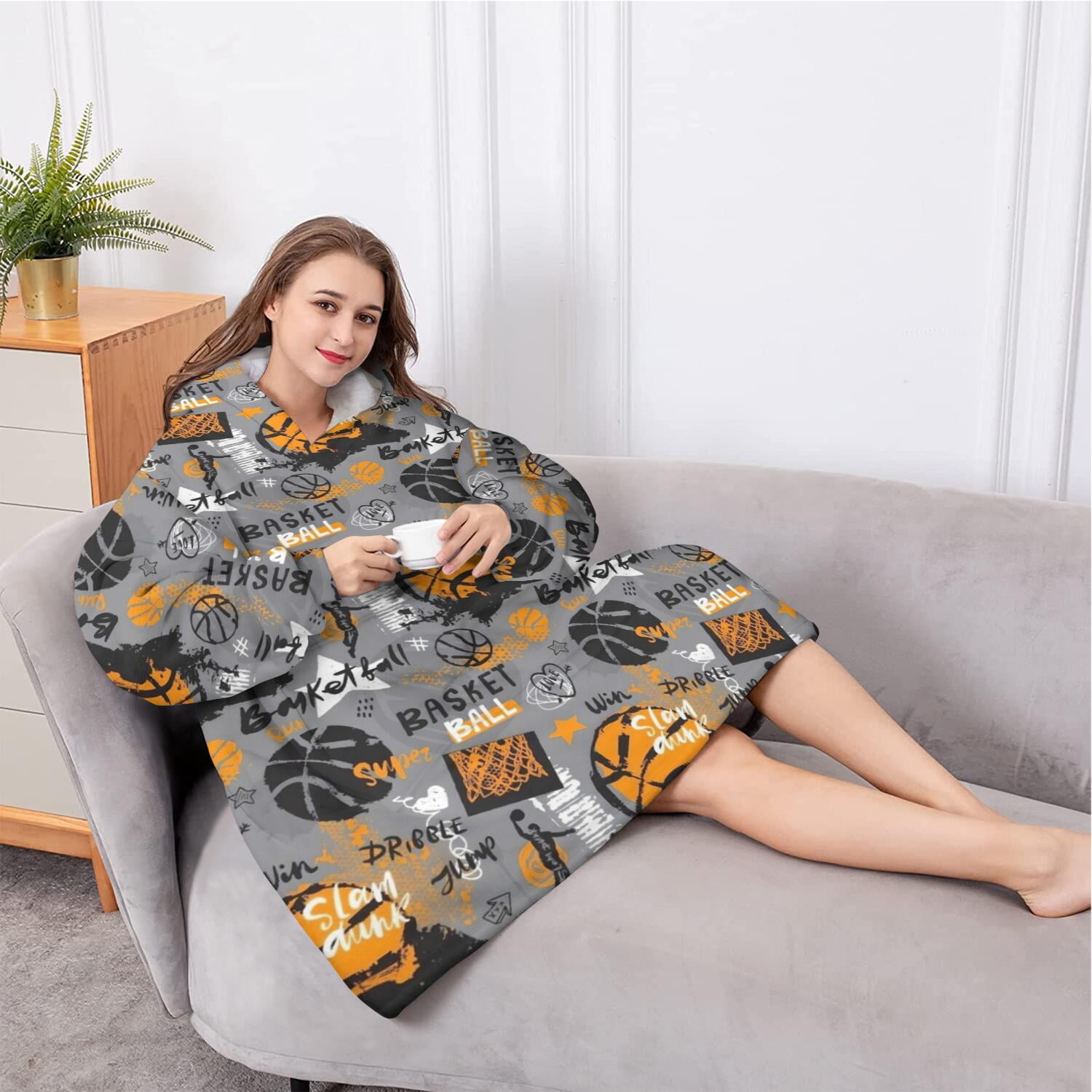Oversized Wearable Blanket Hoodie,Gray Background Basketball Elements Pattern Sherpa Blanket Hoodie with Super Pockets,Super Warm Fuzzy Pullover for Women & Men