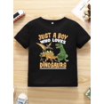 thumbnail image 1 of Just a Boy Who Loves Dinosaurs" Youngsters' Short Sleeve T-Shirt - White Crew Neck Tee with Fun Dinosaur Graphic, Perfect for Summer Casual Wear, Youngsters Summer Wear | Dinosaur Themed Shirt | Poly, 1 of 6