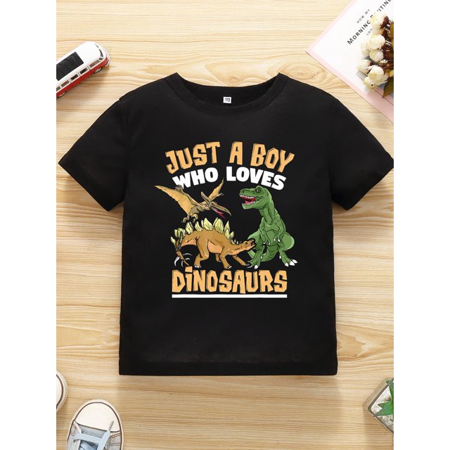 Just a Boy Who Loves Dinosaurs" Youngsters' Short Sleeve T-Shirt - White Crew Neck Tee with Fun Dinosaur Graphic, Perfect for Summer Casual Wear, Youngsters Summer Wear | Dinosaur Themed Shirt | Poly