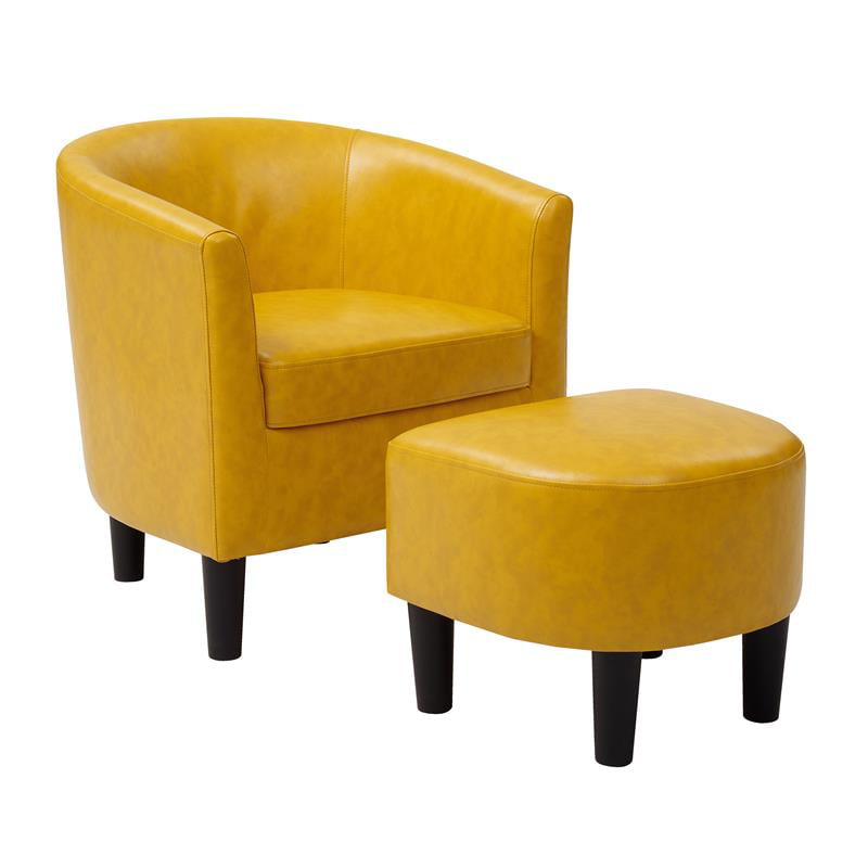 Faux Leather Barrel Accent Chair, Yellow Leather Ottoman