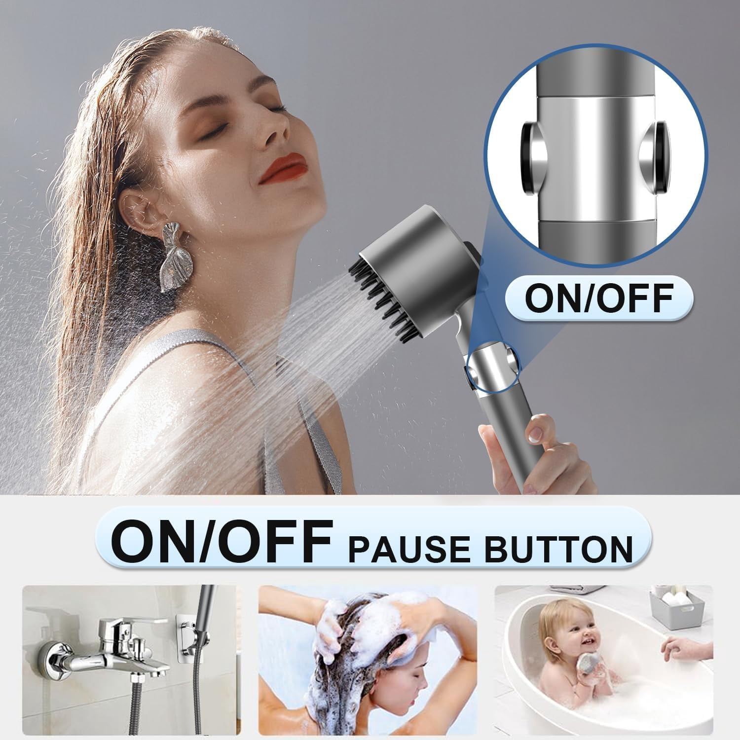 Ion Drops Filtered Shower Head with Handheld, High Pressure Multiple Spray Modes Shower Head with Filter, Power Wash for Hard Water, Showerhead with ON/OFF Switch for Pets Bath,Grey