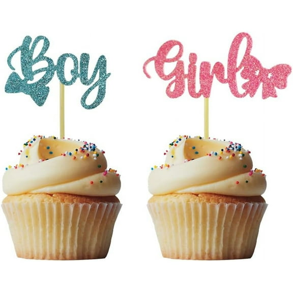 12pcs Glitter Bowknot Girl or Tie Boy Cupcake Toppers for Baby Shower Gender Reveal Party Birthday Party Decorations - Boy or Girl - He or She