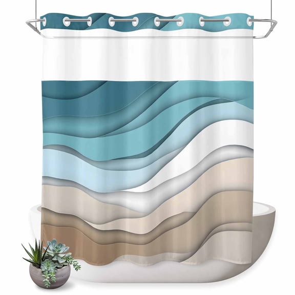 No Hook Shower Curtain, Turquoise Brown Shower Curtains for Bathroom with See Through Top Window, Teal White Geometric Gradient Stripes Waterproof & Washable Bath Curtain Standard 72"x72"