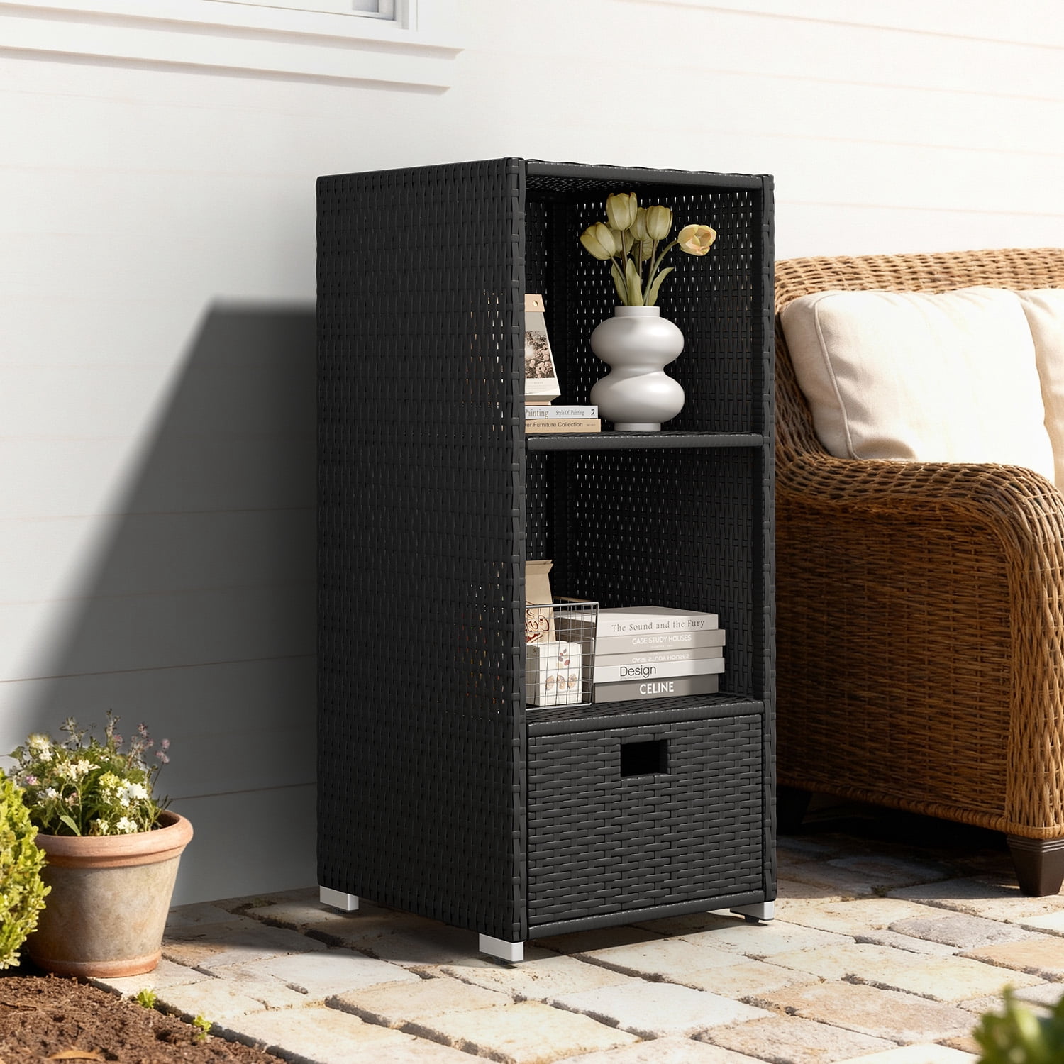 BaPiPro Wicker Poolside Storage Cabinet with Drawer, Outdoor Rattan Pool Towel Organizer for Patio, Backyard, 45" Black