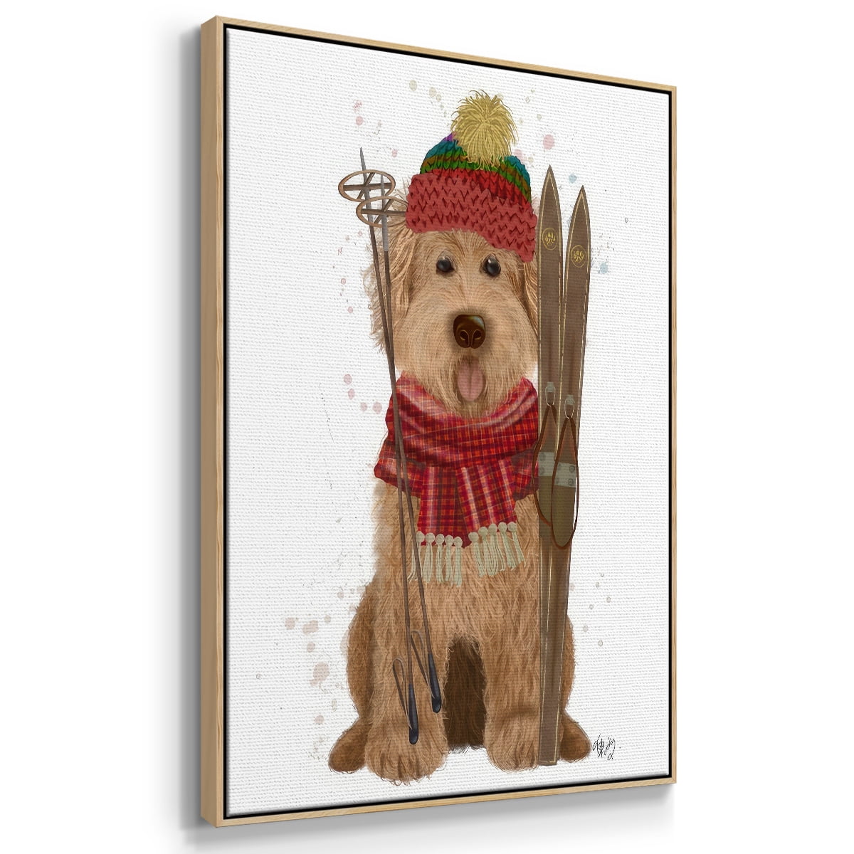 Goldendoodle Ski Dog - Framed Gallery Wrapped Holiday Canvas - 17 x 25 - Natural Wood Frame