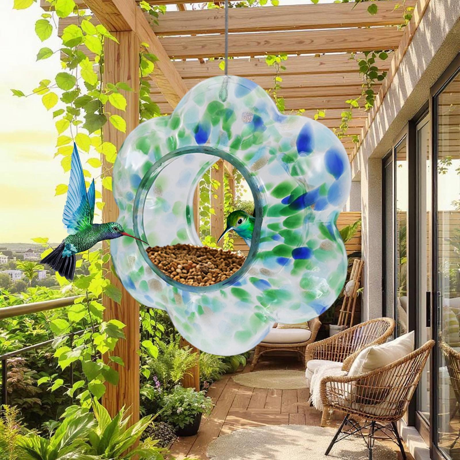 Garden Hanging Flower-Shaped Stained Glass Hummingbirds Feeder Hand-Painteds Polka Dots Glass Designs Outdoor Garden Nectars Station with Perchs Rings