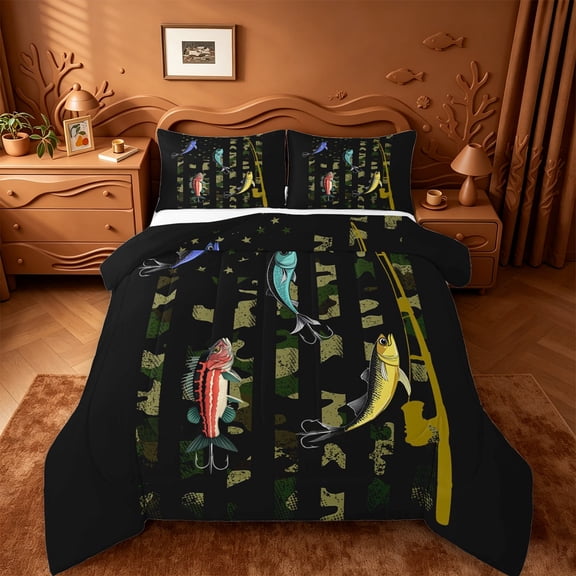 jejeloiu Camo Fishing Full Size Comforter Sets,Bass Rod Print Bedding Comforter Set For Boys,Green Black,Black Reversible,3 Pieces,1 Comforter and 2 Pillowcases
