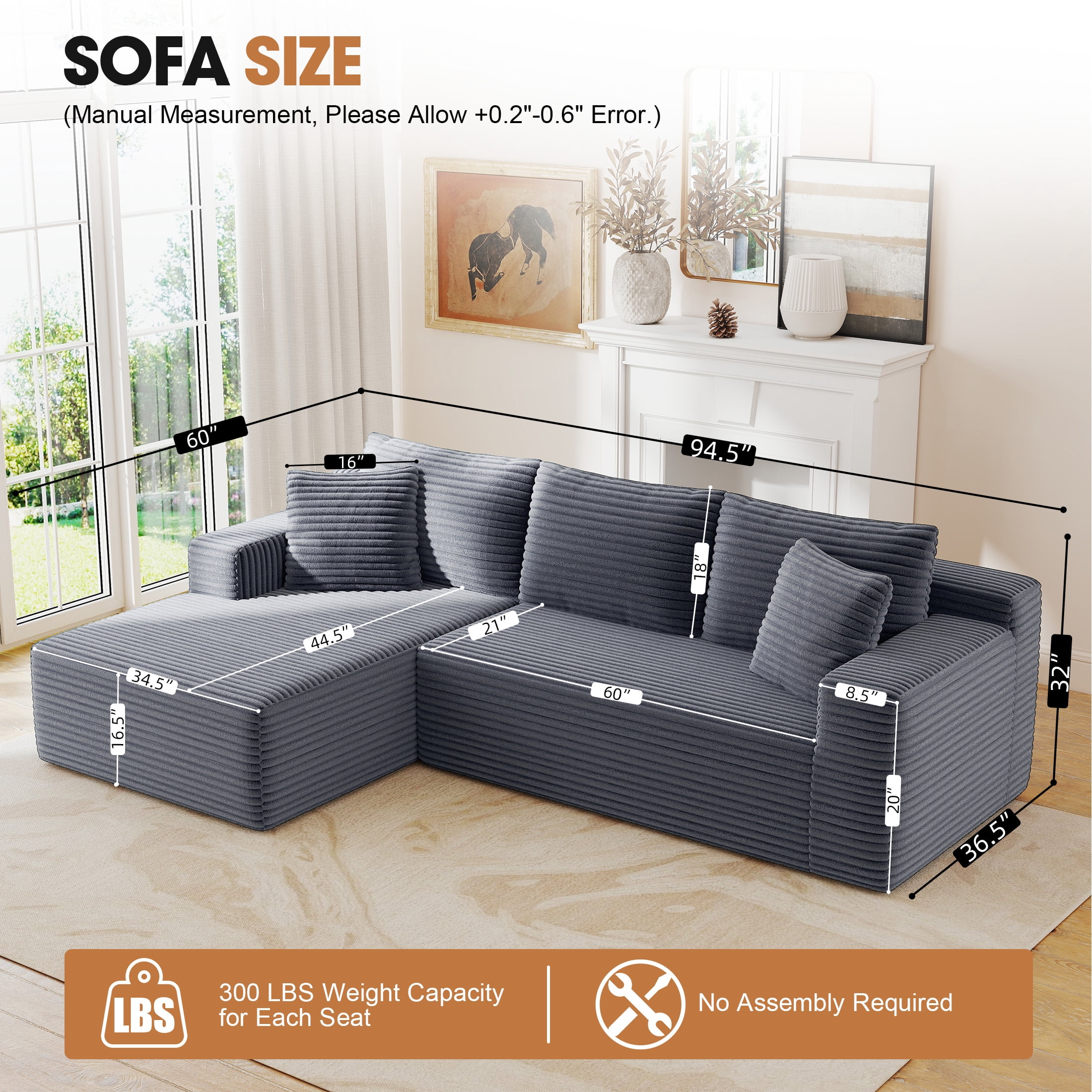 Aukfa Modular Sectional Sofa with Chaise, 95" Boneless Cloud Couch for Living Room, Gray