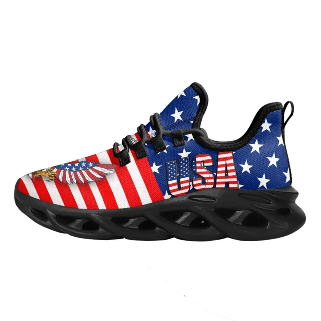 Zapatillas de deporte de verano con cordones y amortiguación de aire, con estampado de bandera estadounidense de águila americana, de malla, para mujer y hombre, con punta redonda.