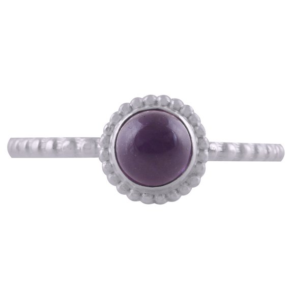 Natural Amethyst 5mm Cabochon Round Shape Gemstone Surrounded By Rawa Work with Beautiful Engraved Shank Handmade 925 Sterling Solid Silver Ring