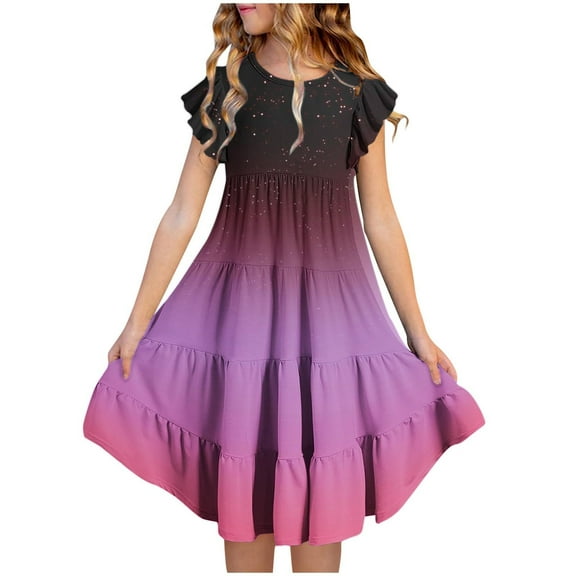 Taqqpue Girls Summer Dress Flutter Ruffle Short Sleeve Round Neck Gradient Midi Sundress Casual Flowy Floral Tiered Boho Beach Dress A-line Swing Dress for Girls 0.5-15Y