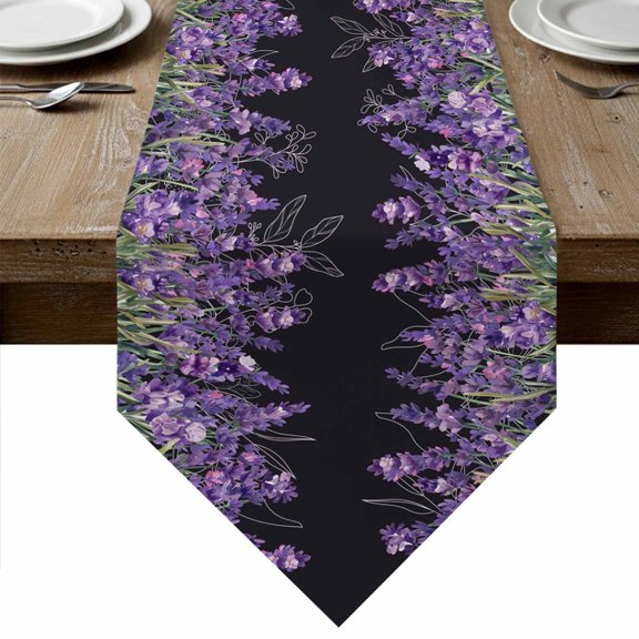 Purple Lavender Table Runner Linen Burlap Table Runner 60 Inches Long Spring Watercolor Wildflowers Plant Black Dresser Scarves for Kitchen Island Coffee Dining Party Wedding Holiday Decor 13"x60"