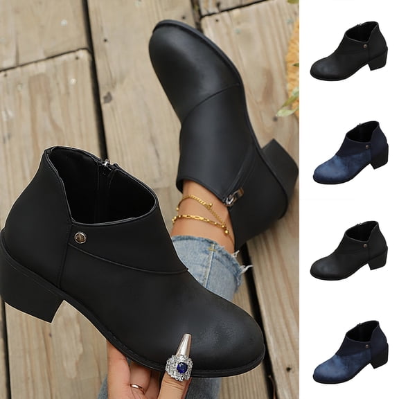 Women Autumn Winter Faux Leather Round Toe Slip on Side Zipper Low Block Heel Ankle Booties Soft Casual Walk Footwear Blue 9.5(43)