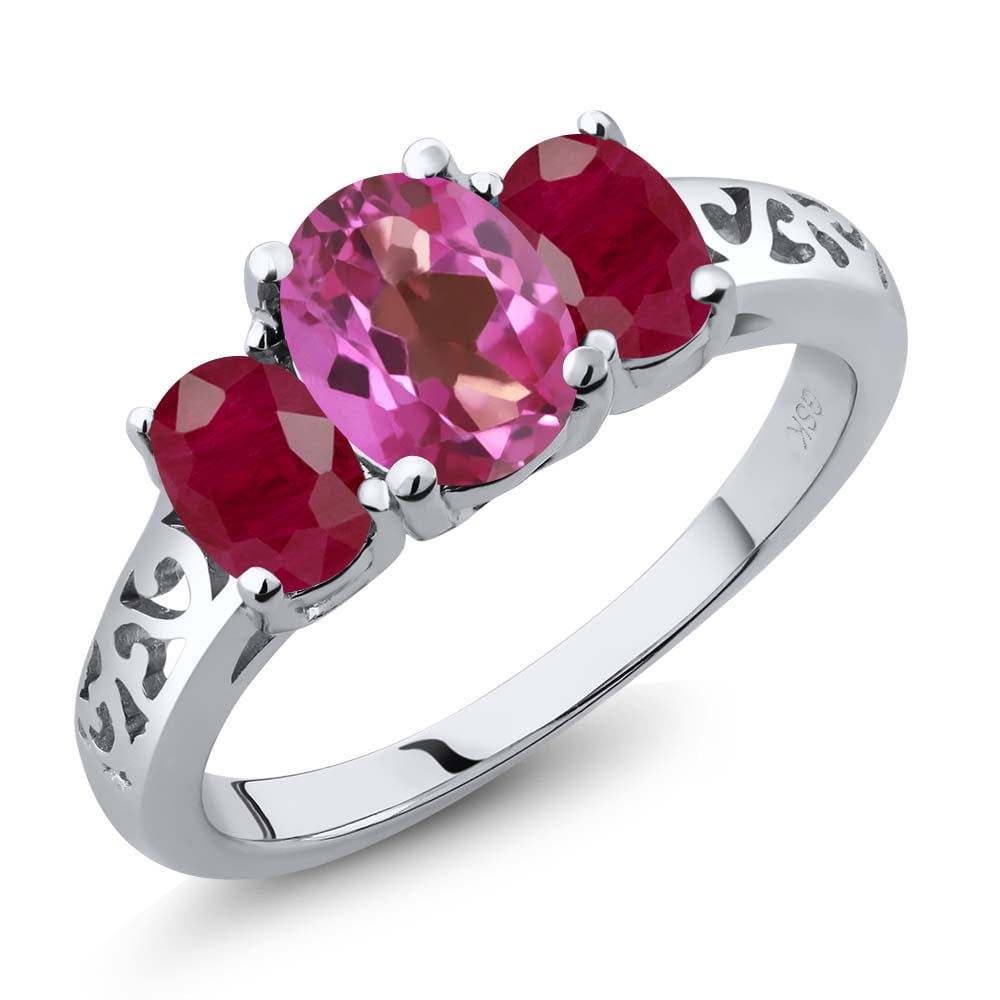 2.50 Ct Oval Pink Mystic Topaz Red Ruby 925 Sterling Silver 3-Stone Ring by