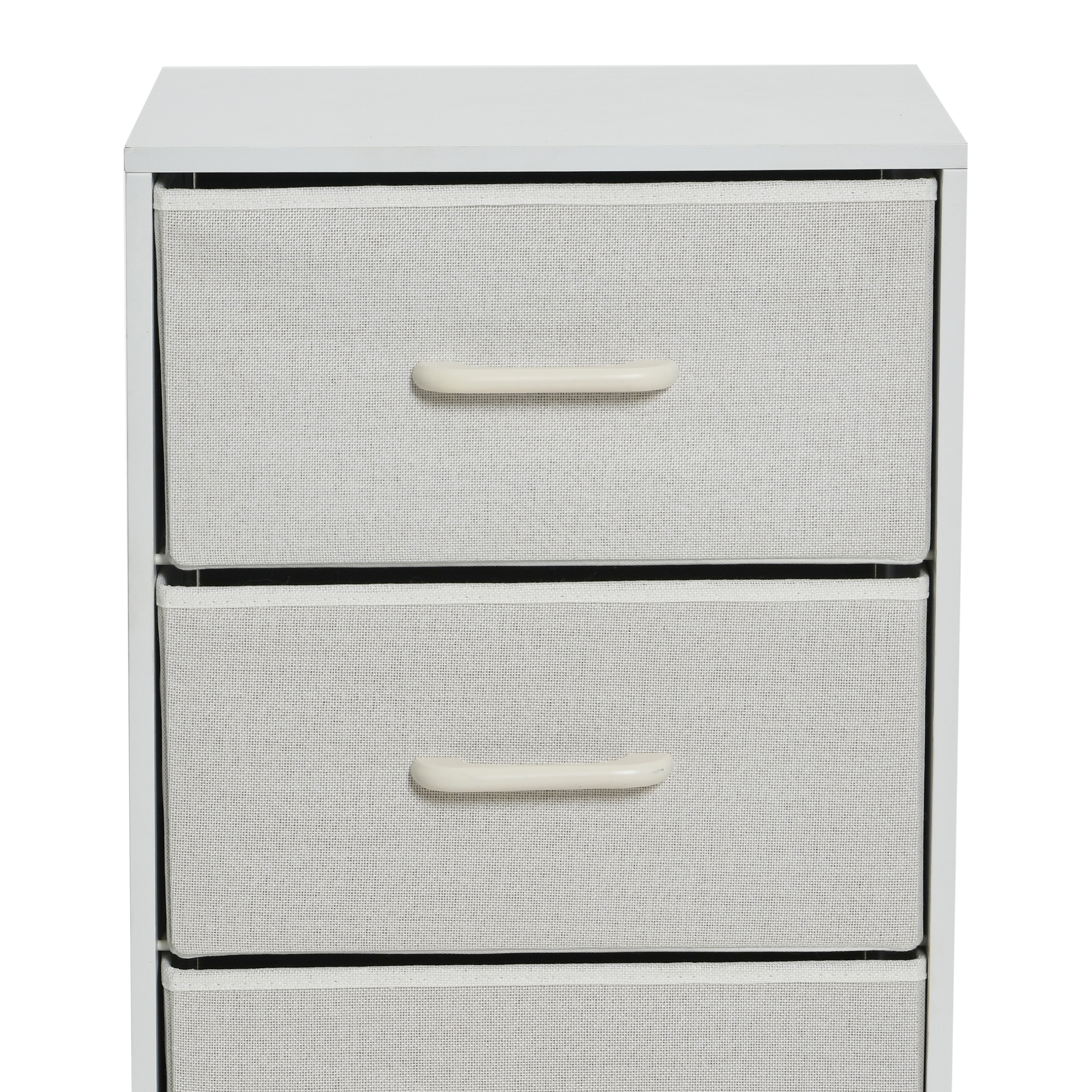 Household Essentials 3 Drawer Dresser, Narrow Storage Chest, Fabric Drawers, Wire Backing and Metal Feet, Plastic Handles, Scandinavian White Laminate