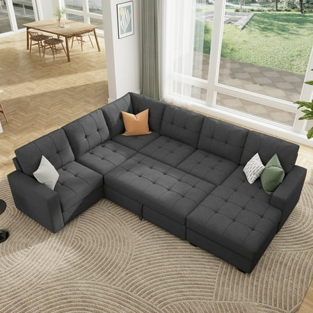 HONBAY 111.5" Tufted U-Shaped Sectional Sofa Bed with Storage Chaise, Pull Out Sleeper for Living Room, Beige
