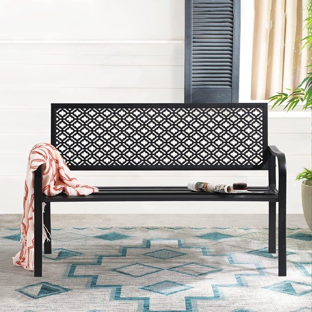 Outdoor Patio Bench, RustResistant Metal Garden Bench, Park Bench with Armrest for Yard, Porch