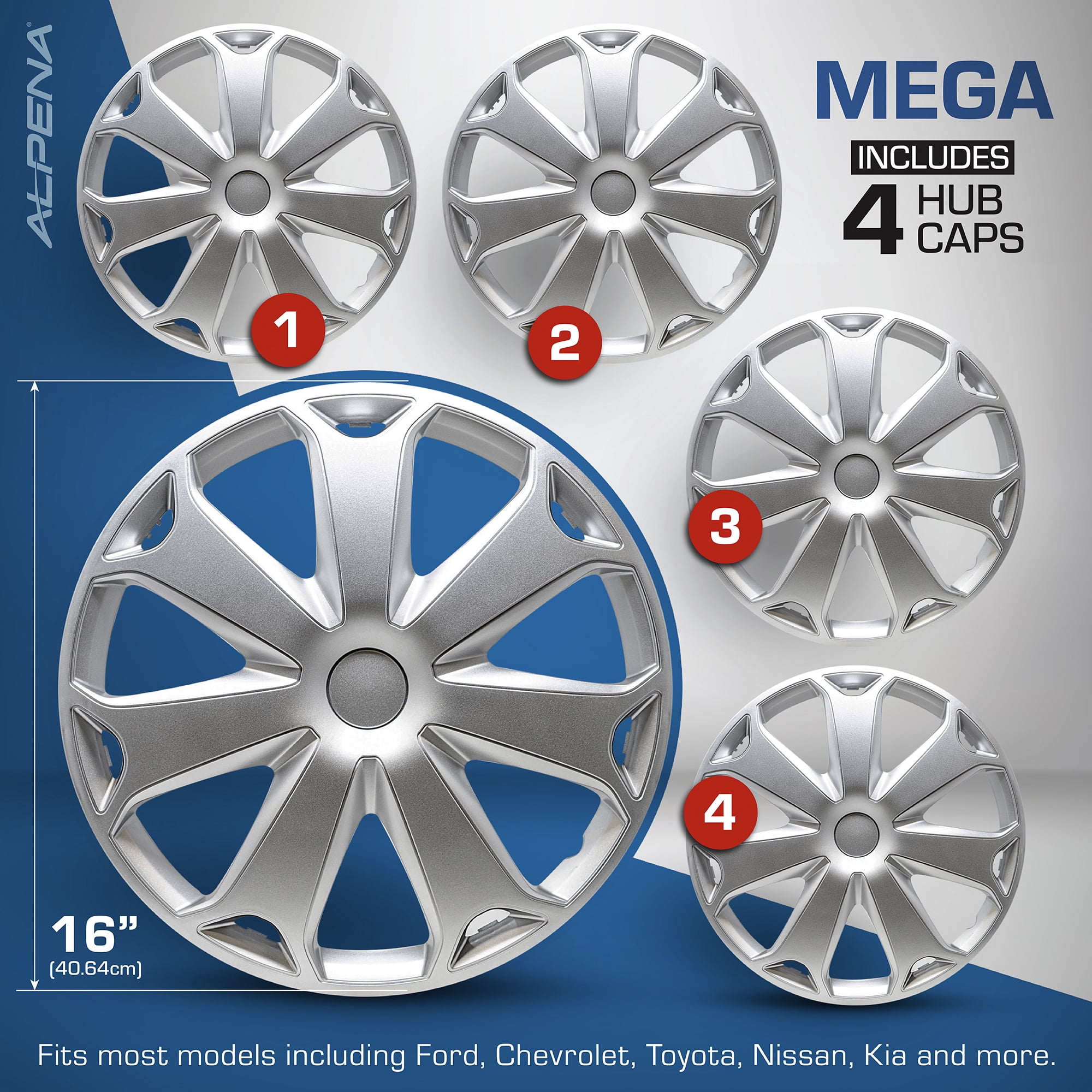 Alpena 16" Ivo Carbon, Silver, Set of 4, Model 58391, Fits Most Steel Wheels for Cars and SUV's