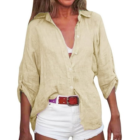 Quealent Womens Beach Cover Up Button Down Shirts Summer Cotton Gauze Tops Long Sleeve Bikini Swimsuit (Khaki M)