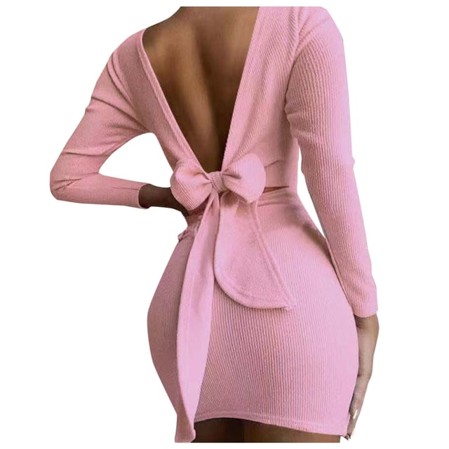 Outfmvch Robe Corset Rose Robe Dos Ouvert Nouée Manches Longues Robe Moulante Robes pour Femmes Rose TG