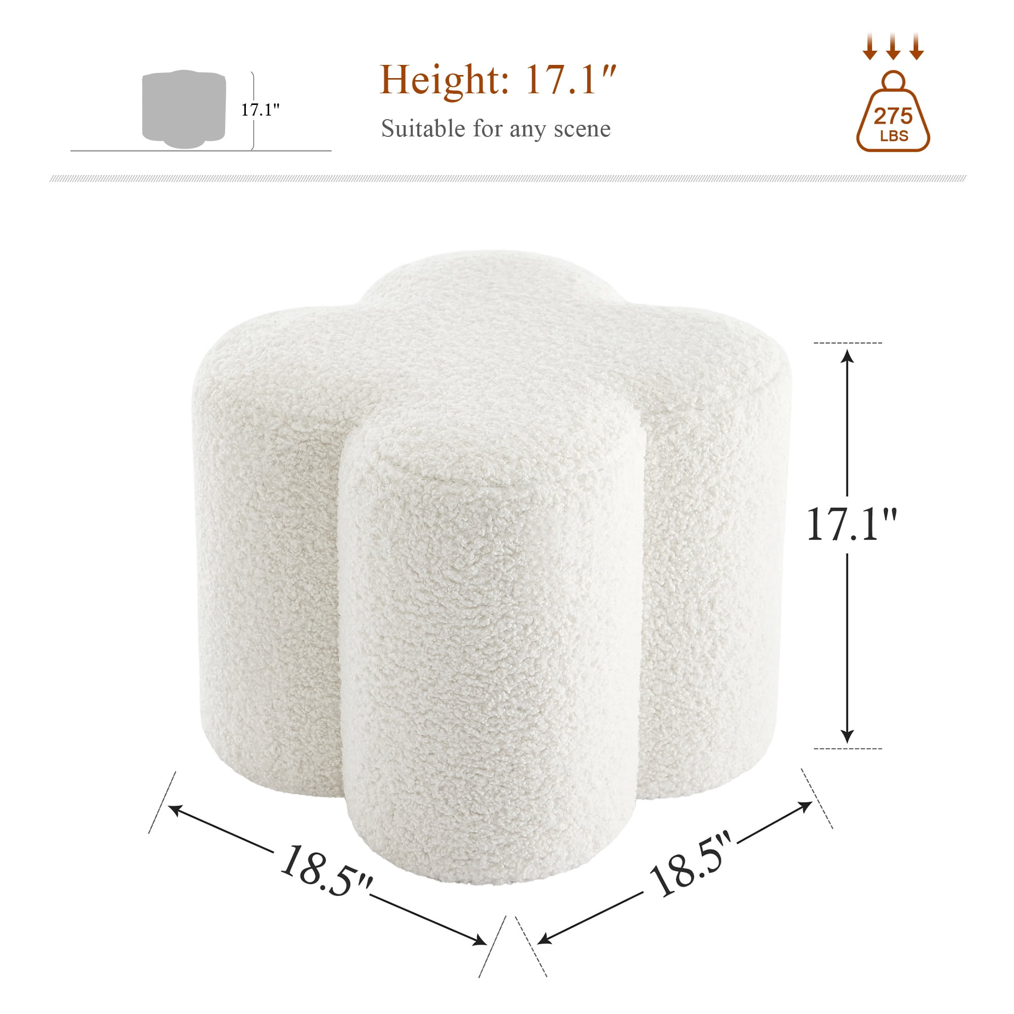 Zesthouse 18.5″Sherpa Fabric Ottoman, Modern Ottoman Coffee Table for Living Room, Flower Shaped Foot Stools, Upholstered Footrest Stool for Couch, White