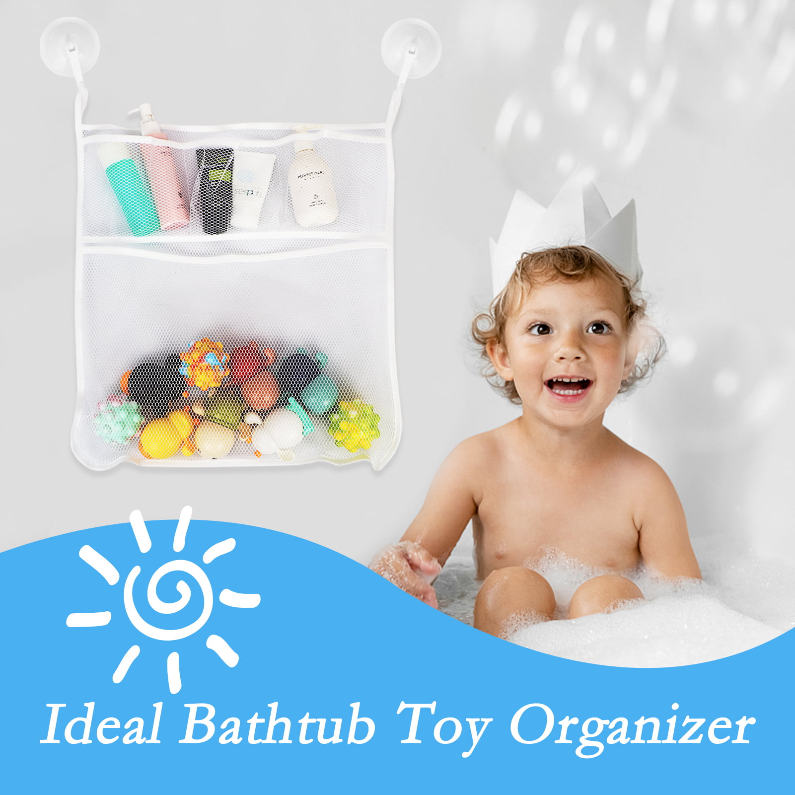 Hanging Bath Toy Holder, With Suction & Adhesive Hooks, 30x23
