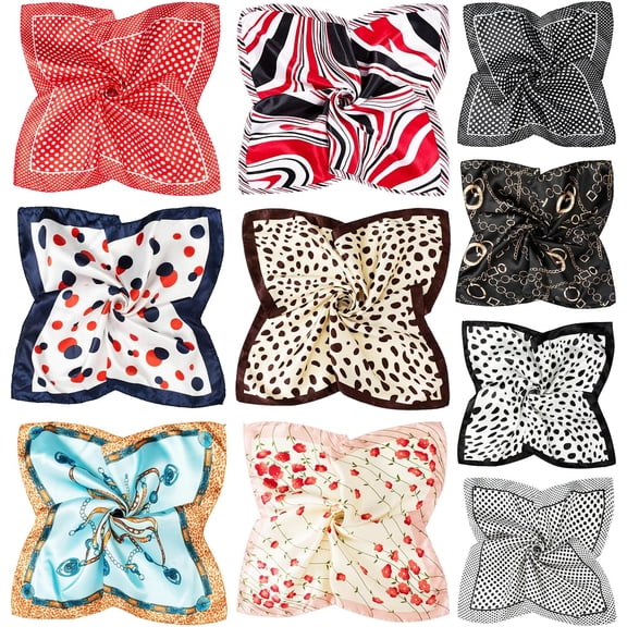 10 PCS Mixed Set Scarf 20 inch x 20 inch,Fashion Square Satin Neck Scarf Head scarf for Women Hair Scarf Bundle