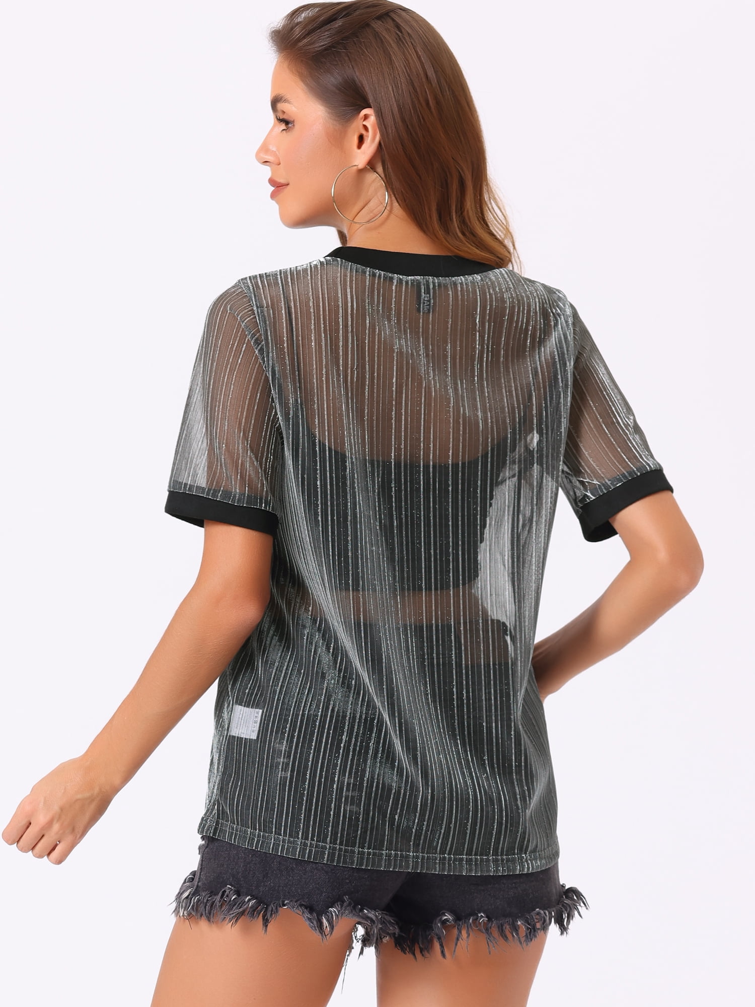 DARING DIVA Women's Sheer Mesh Top Contrast Short Sleeve T-Shirt XL Black Silver
