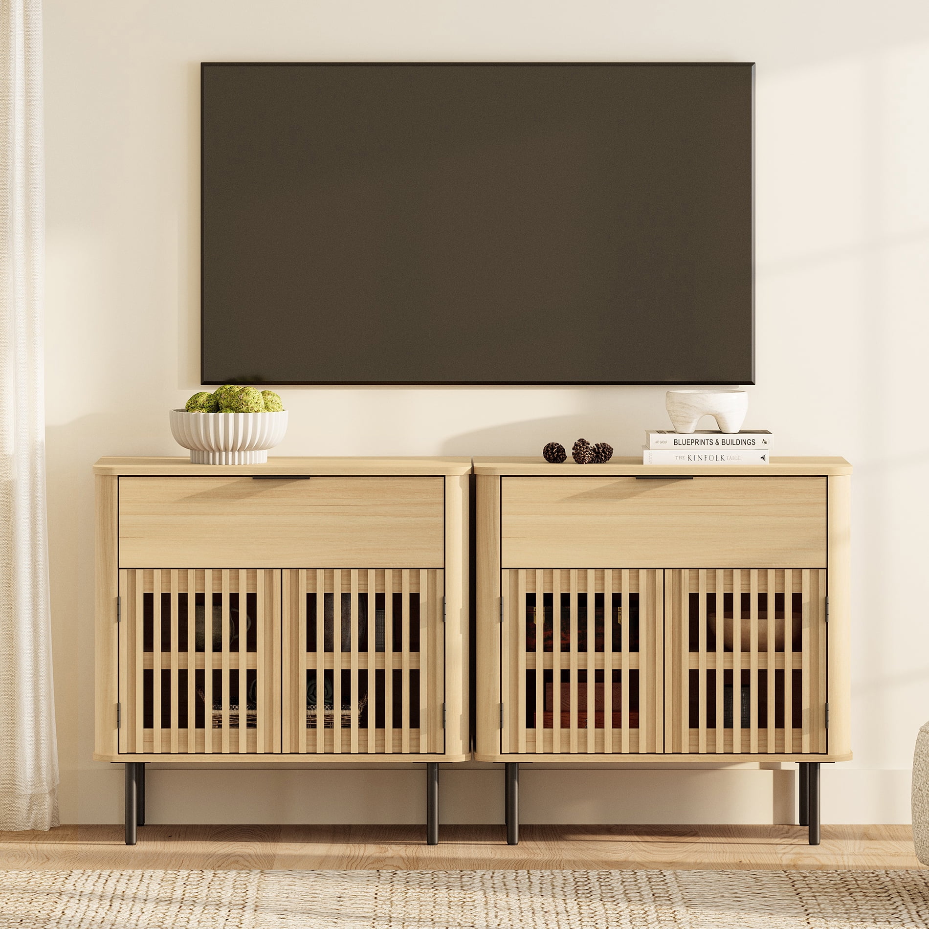 63" Sideboard Buffet Cabinet with Storage - Mid Century Modern Accent Coffee Bar for Dinning Room, Living Room, Entryway, Oak