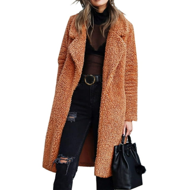Innerwin Coat Fuzzy Fleece Ladies Outwear Mid Length Lapel Loose Jacket Caramel S