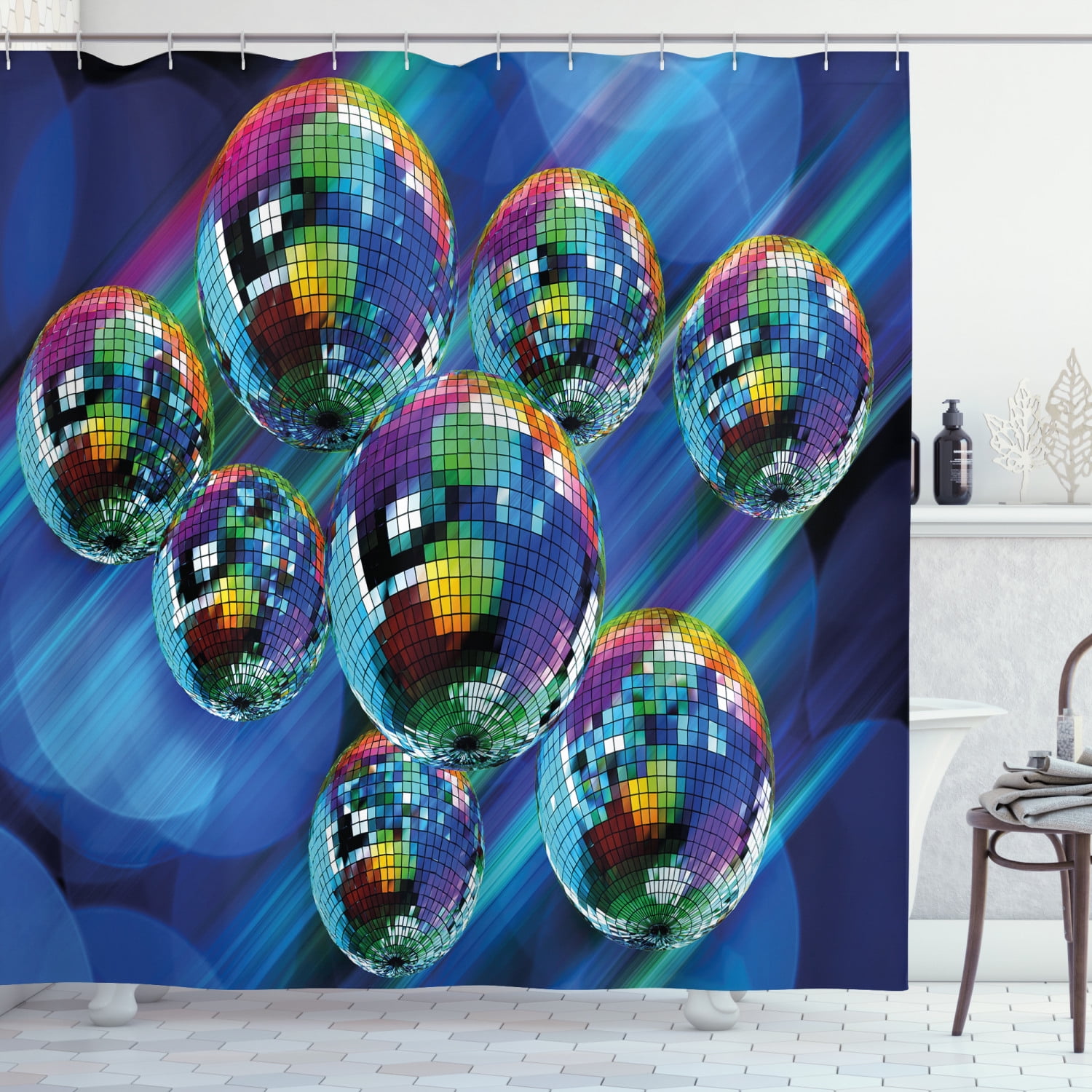 70s Party Shower Curtain, Colorful and Funky Vibrant Disco Balls in