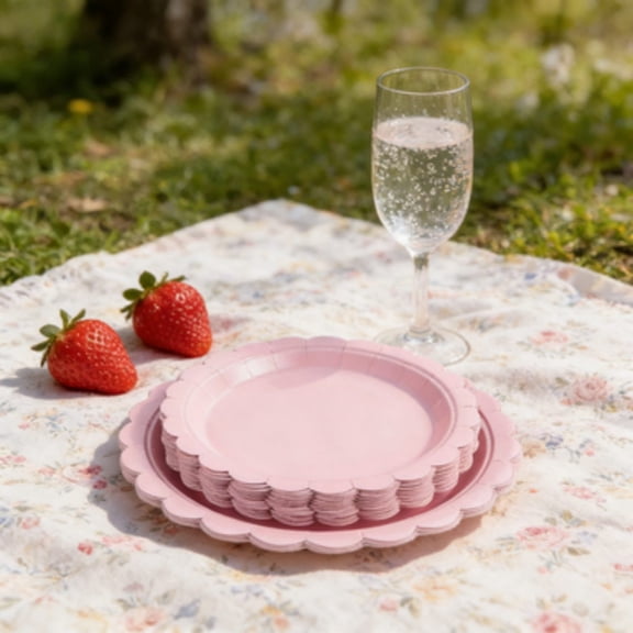 25Pcs Scalloped Disposable Paper Plates Decorative Fluted Paper Trays Leakproof Party Dinner Plates For Birthday Wedding Home(Pink-17.78Cm)