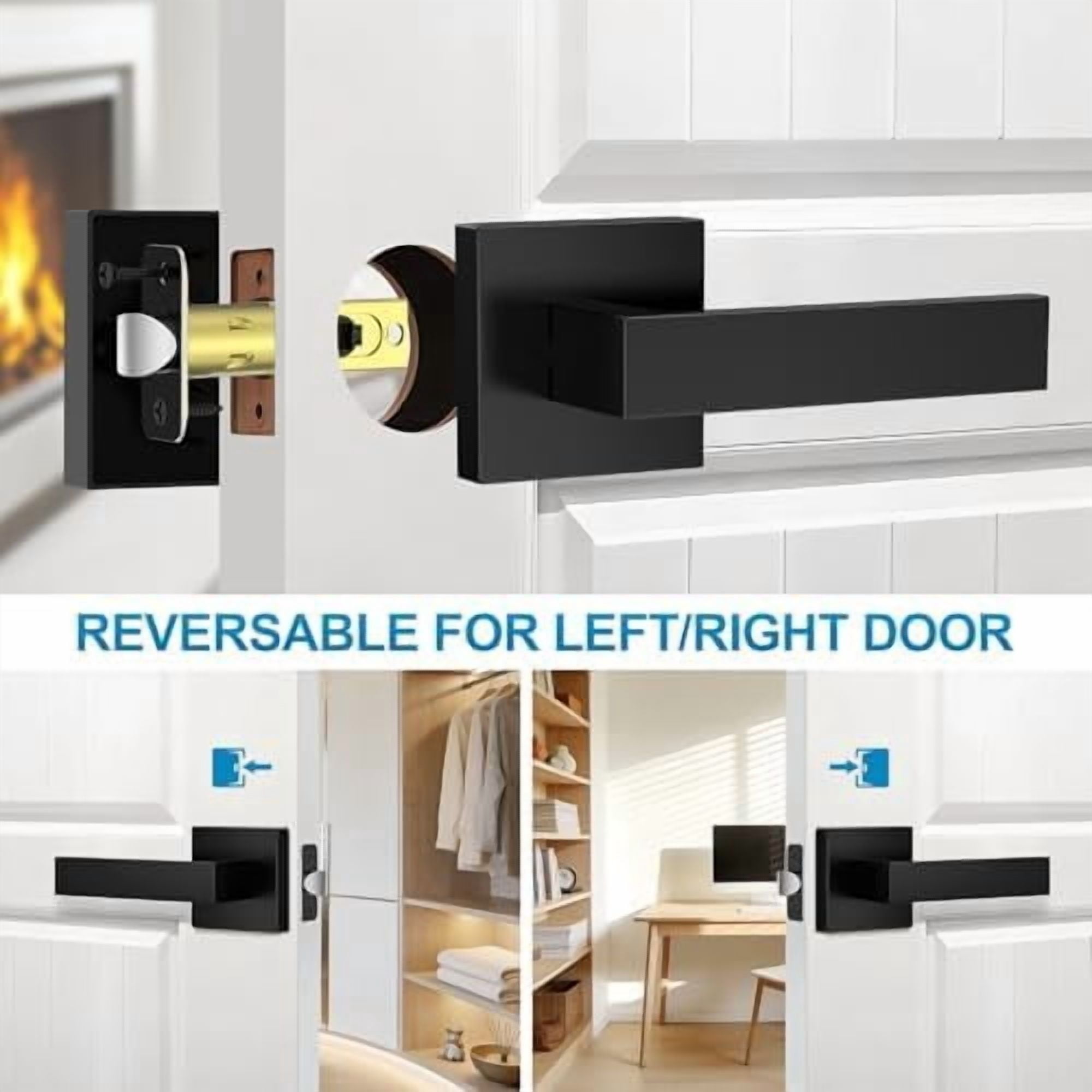 1 Pack Matte Black Door Handles, Passage Door Levers for Hallway & Closet, Interior Keyless Door Knobs Heavy Duty Square Non-Locking Handlesets, Reversible for Left & Right Sided Doors