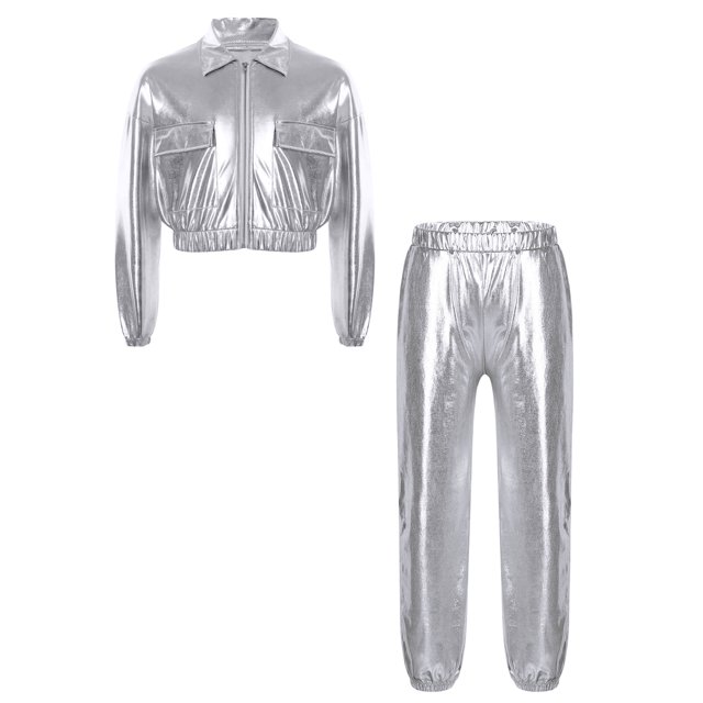 Doomiva Ensemble de Performance Jazz Moderne pour Garçons et Filles Vêtements de Danse de Rue Hip Hop 2 Pcs Argent 10
