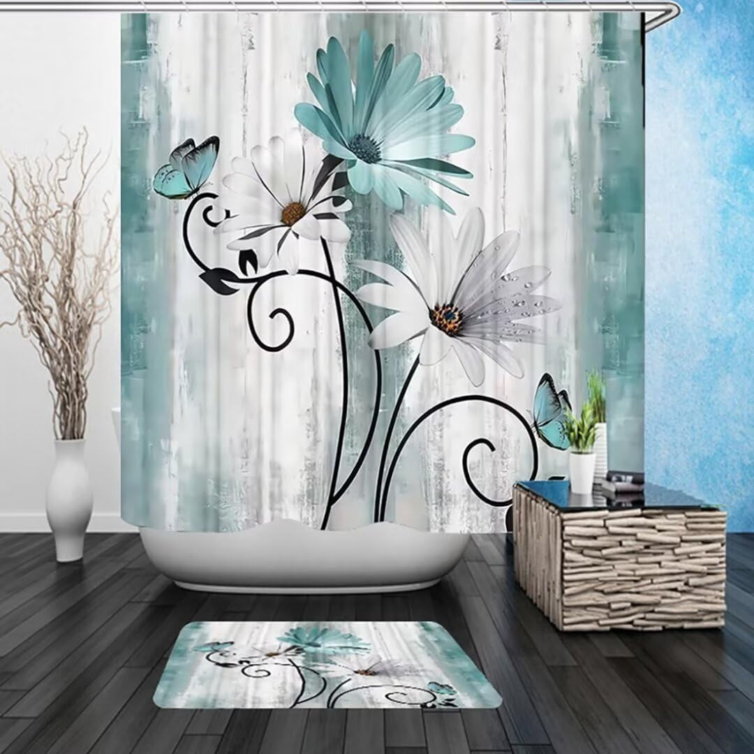 4PCS Teal Daisy Country Farmhouse Shower Curtain Set with Shower Curtain and Carpet and Accessories, Waterproof Bathroom Shower Curtain Decorative Set with 12 pcs Hooks,71 x 71in