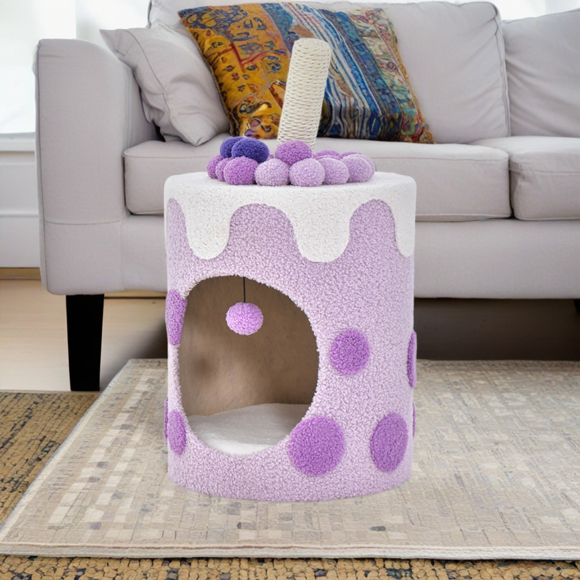 Kadyn 27" Cat Cave Bed with Scratching Post, Cat House for Indoor Cats, Modern Cat Condo Cat Nest Cute Prevents Furniture Damage Cat Shelter, Purple and White