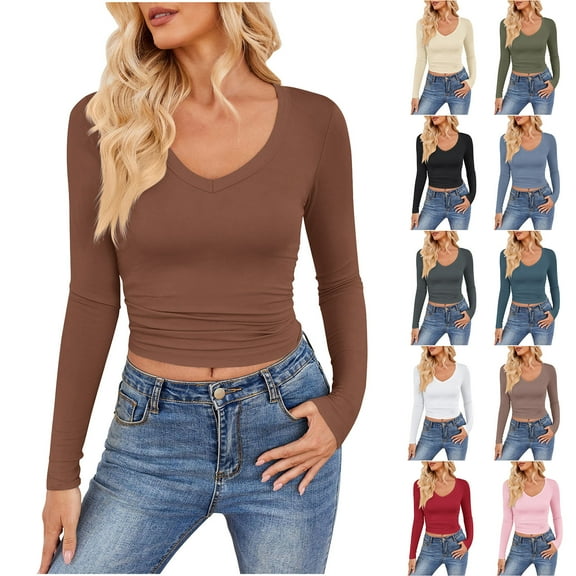 BiZtdJrK Crop Shirts for Women V Neck Long Sleeve Casual T Shirt Slim Fit Solid Basic Tee Tops Trendy Street Tees Beige XS
