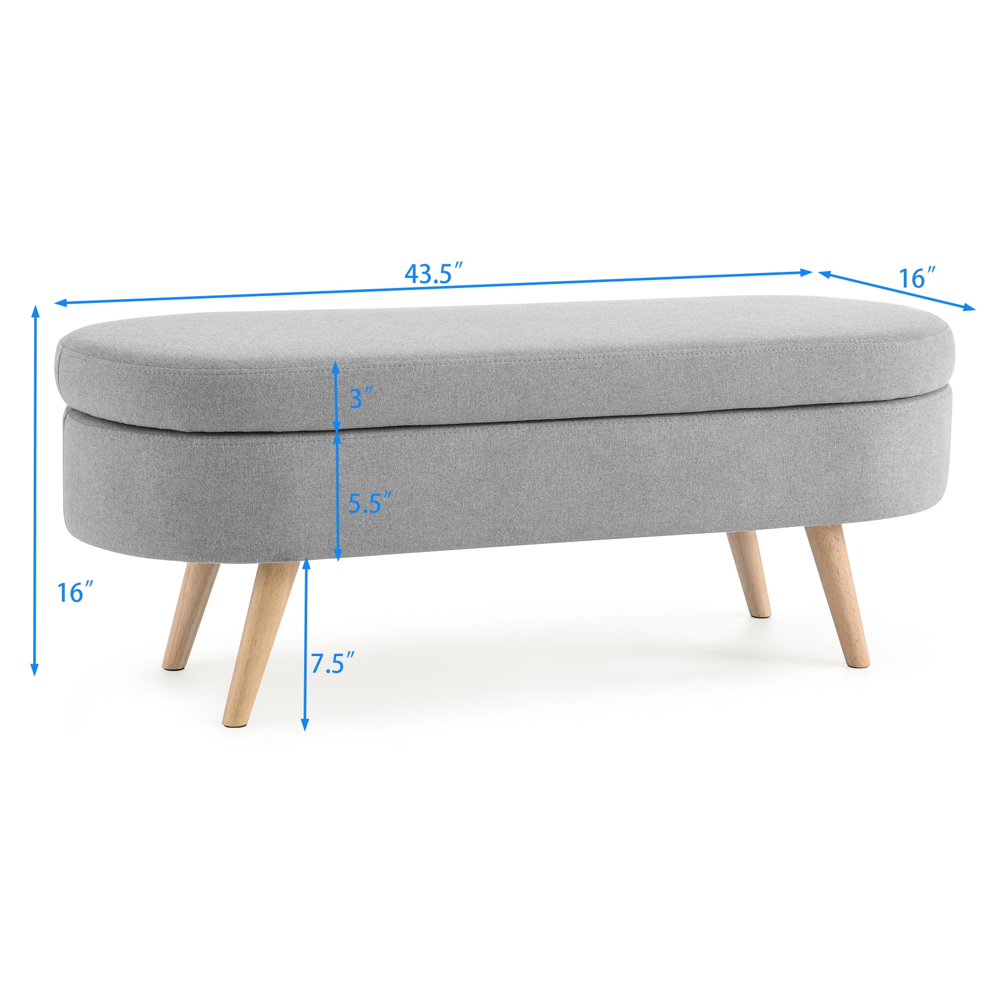 Furniliving 43.5"Storage Ottoman Benches, Oval End of Bed Bench with Rubber Wood Leg, Upholstered Bench for Living Room, Bedroom, Entryway, Grey