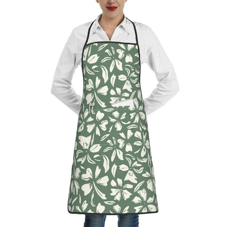 

Qekee Flowers With Leaves Print Adjustable Bib Apron Resistant with Pocket Cooking Kitchen Aprons for Women Men Server Chef Apron
