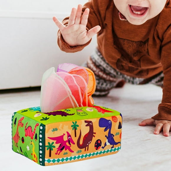 Juguetes sensoriales de caja de pañuelos para bebés, juguetes de aprendizaje temprano Montessori, juguetes suaves de alto contraste para bebés con 10 Dinosaurio CUTICAT juego sensorial
