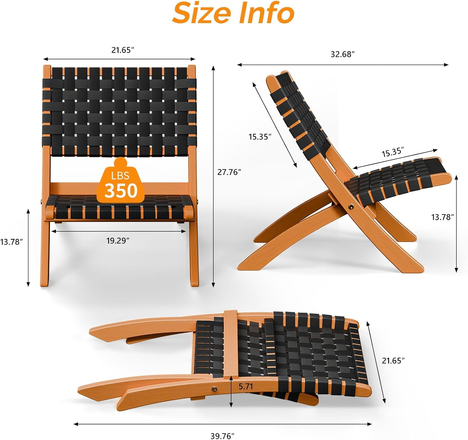 WLTER Wooden Outdoor Chairs, Portable Rattan Folding Chair with Low Webbing Seat and Backrest, Adirondack Chairs, Ideal for Patio, Lawn, Garden, Fishing, Black, 1 Pack