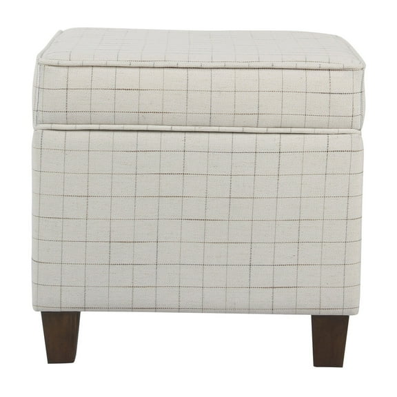 Benzara Wooden Square Ottoman with Grid Patterned Fabric Upholstery and Hidden Storage, Beige and Brown